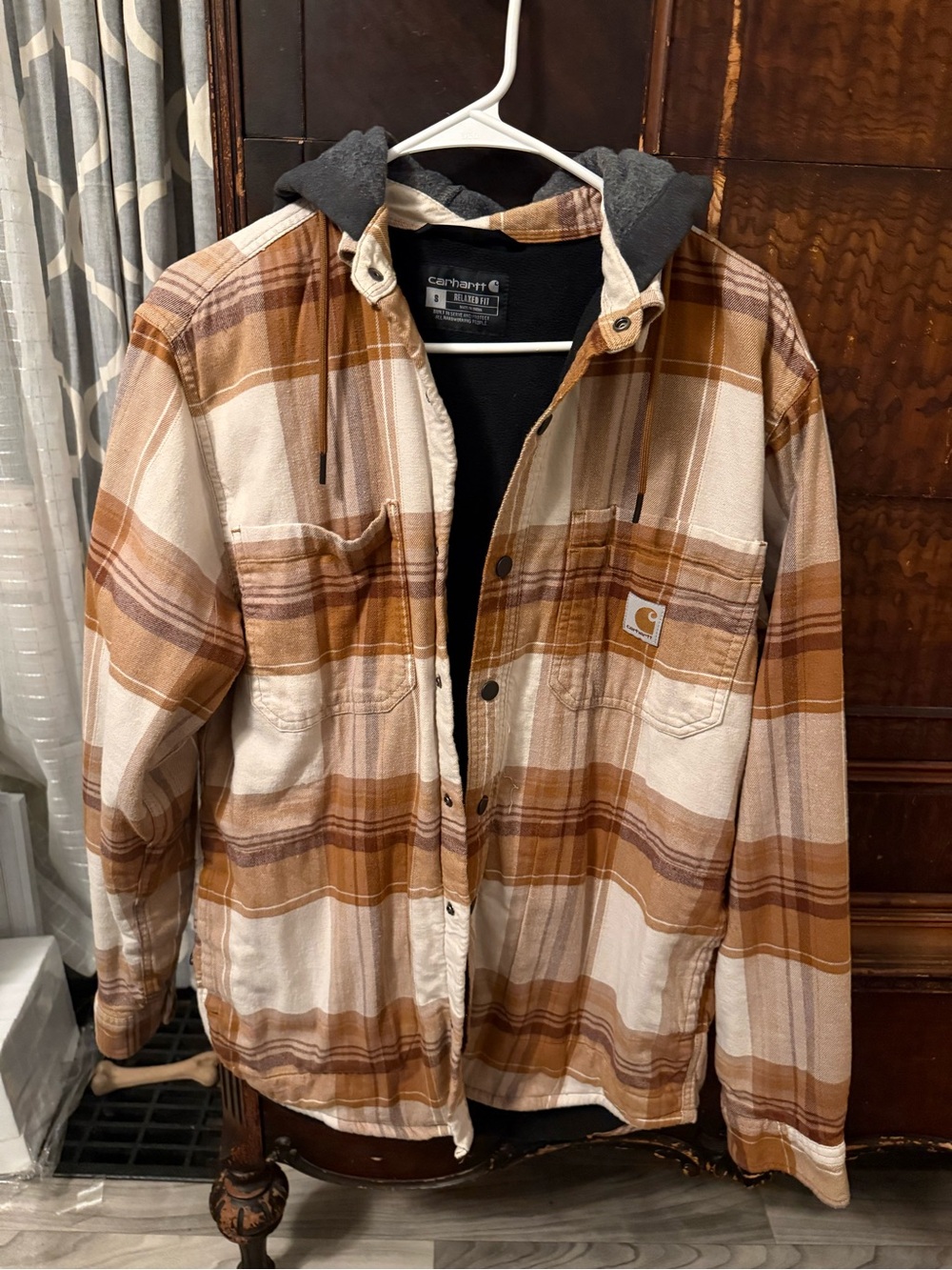 Carhartt Tan and Brown Plaid Hooded Shirt Jacket